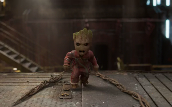 HD wallpaper featuring Baby Groot from the movie Guardians of the Galaxy Vol. 2. The character is in an industrial setting, emphasizing his determined expression.