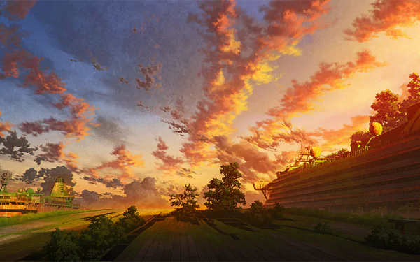 HD anime-style countryside sunset with vivid sky and clouds, featuring trees silhouetted against a colorful horizon, designed as a desktop wallpaper background.