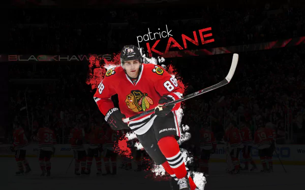 HD wallpaper featuring hockey player Patrick Kane in a Chicago Blackhawks jersey, poised on the ice.