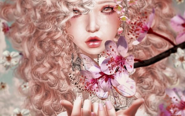 Fantasy Women Blonde Curl Sakura Butterfly HD Wallpaper | Background Image