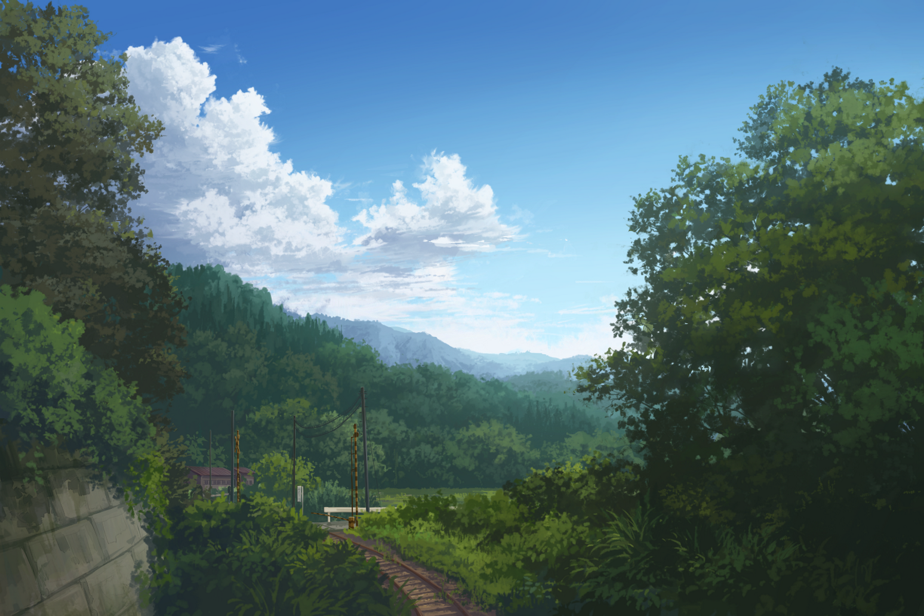 HD anime landscape wallpaper depicting a serene, scenic countryside with lush greenery, a small building, train tracks, and a blue sky filled with clouds.