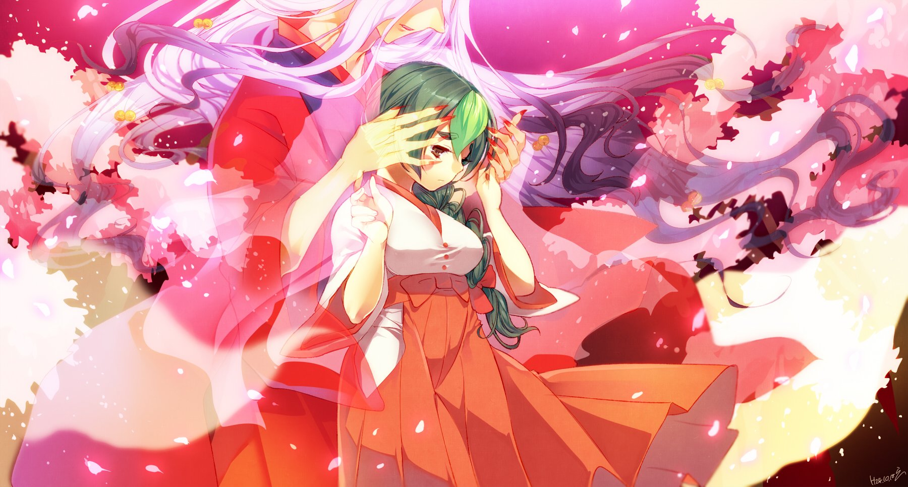 Anime-style original HD desktop wallpaper featuring a green-haired character in traditional Japanese clothes surrounded by vibrant pink petals and blossoms.