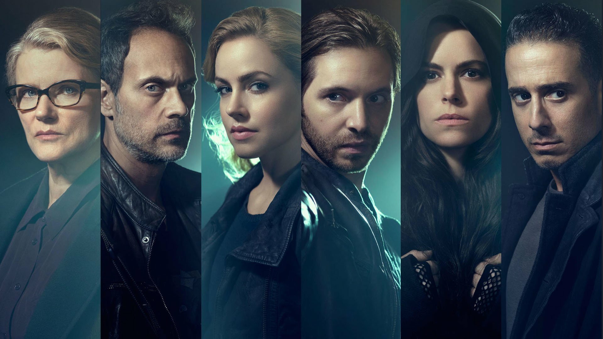 HD PC desktop wallpaper and background for the TV show 12 Monkeys: five moody, shadowed characters in vertical panels with teal-green backlighting.