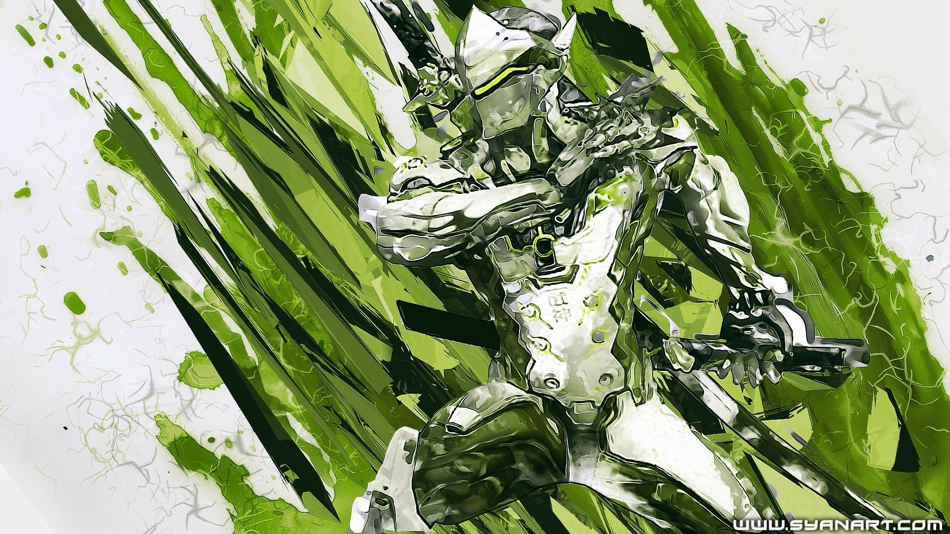 HD PC desktop wallpaper featuring Genji from Overwatch, depicted in a dynamic pose with vibrant green and white brushstroke effects.