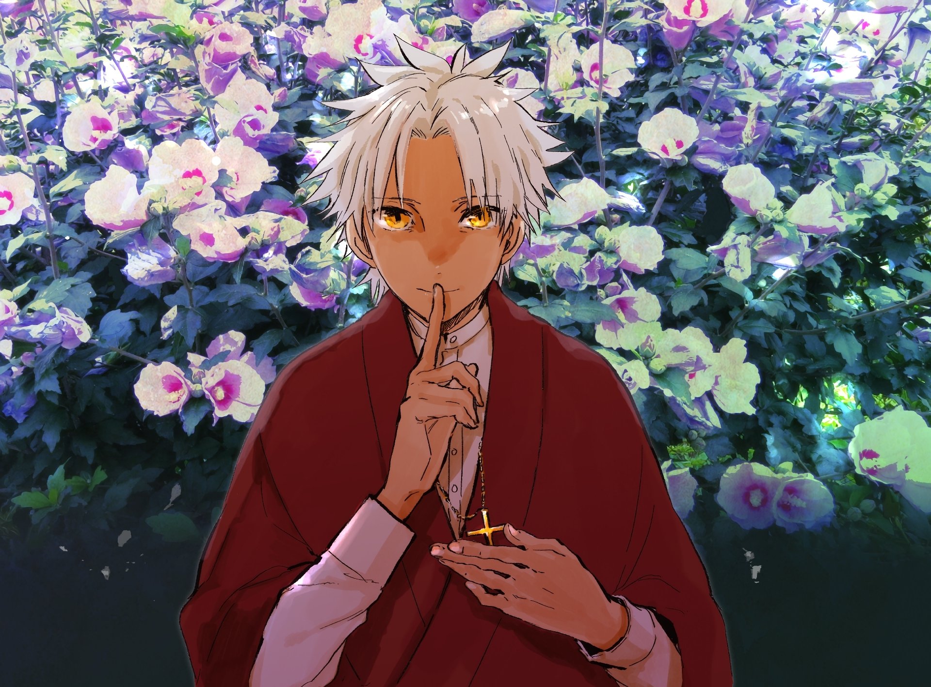 HD PC desktop wallpaper/background — Shirou Kotomine (Anime, Fate/Apocrypha): white-haired, amber-eyed figure holding a finger to his lips amid flowering bushes.
