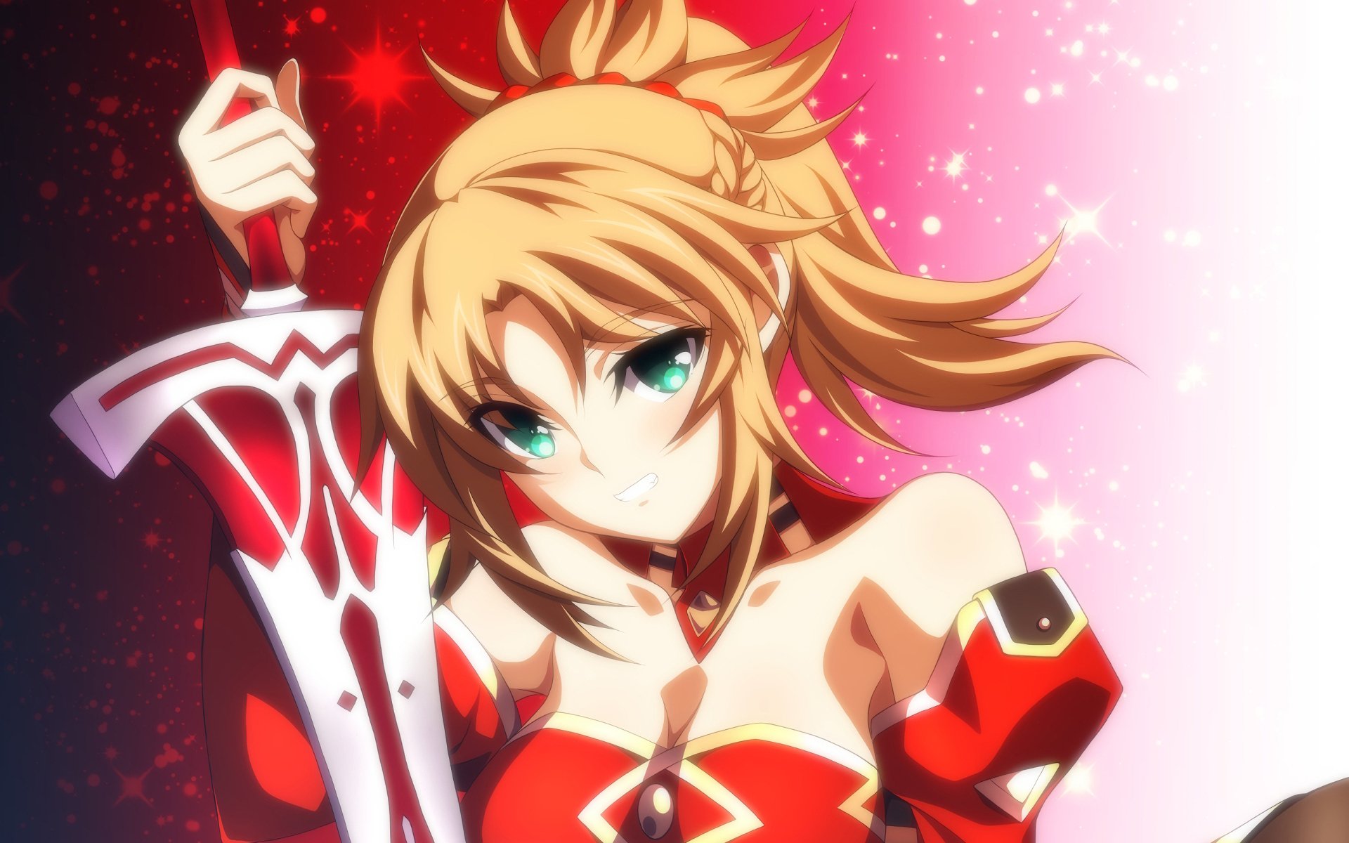 HD anime desktop wallpaper featuring Mordred, Saber of Red from Fate/Apocrypha, with vibrant red and pink tones and dynamic, intense expression.