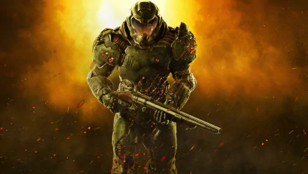 HD desktop wallpaper featuring Doomguy from the video game Doom (2016), standing with a weapon against a fiery, smoky background.