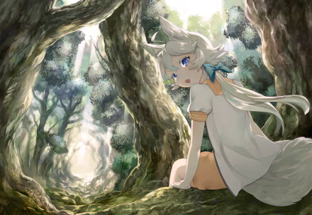 Anime-style character with animal ears and striking blue eyes sits against a tree in a lush forest, rendered in HD for a PC desktop wallpaper.