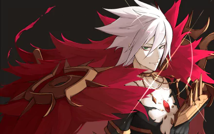 HD PC desktop wallpaper featuring Lancer of Red from the anime Fate/Apocrypha, showcasing his striking white hair and red feathered cloak in a dynamic pose.
