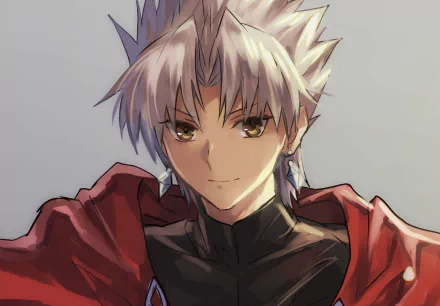 HD PC desktop wallpaper of Shirou Kotomine (Fate/Apocrypha): anime close-up portrait with silver hair, golden eyes and red cloak against a soft neutral background.