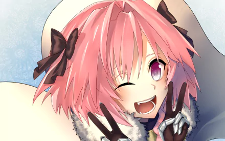 HD PC desktop wallpaper featuring Rider of Black from the anime Fate/Apocrypha with vibrant pink hair and a playful wink.