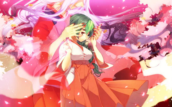 Anime-style original HD desktop wallpaper featuring a green-haired character in traditional Japanese clothes surrounded by vibrant pink petals and blossoms.