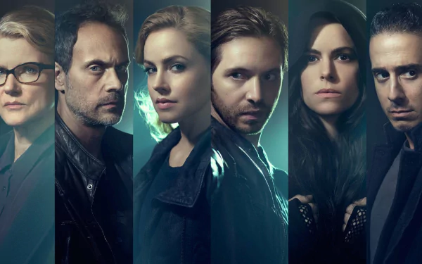 HD PC desktop wallpaper and background for the TV show 12 Monkeys: five moody, shadowed characters in vertical panels with teal-green backlighting.