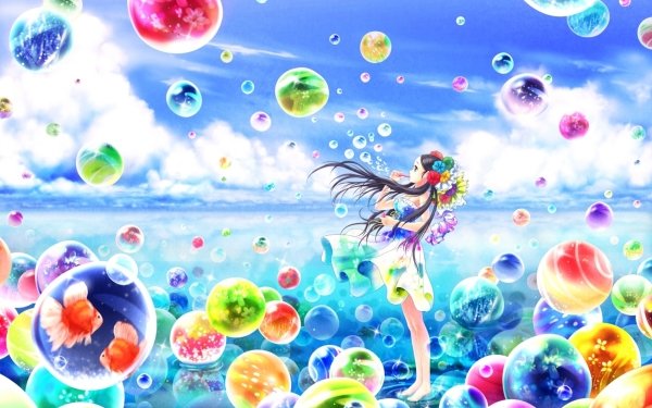 Anime Girl Black Hair Bubble Cloud Dress Long Hair Sky Water Barefoot HD Wallpaper | Background Image
