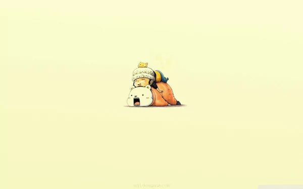 HD desktop wallpaper featuring Trafalgar Law from the anime One Piece, depicted in a minimalist, light-yellow background. Law is cozily snuggling with a stuffed white bear.