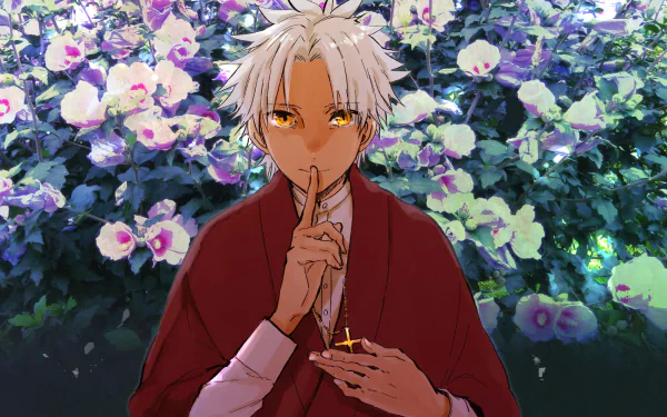 HD PC desktop wallpaper/background — Shirou Kotomine (Anime, Fate/Apocrypha): white-haired, amber-eyed figure holding a finger to his lips amid flowering bushes.