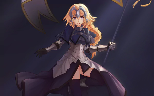 Ruler (Fate/Apocrypha) anime HD PC desktop wallpaper: armored blonde maiden in dark blue battle dress holding a flag, dramatic lighting, background.
