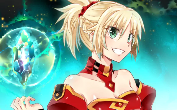 HD PC desktop wallpaper featuring Mordred, Saber of Red from the anime Fate/Apocrypha, with vibrant colors and dynamic, confident pose.