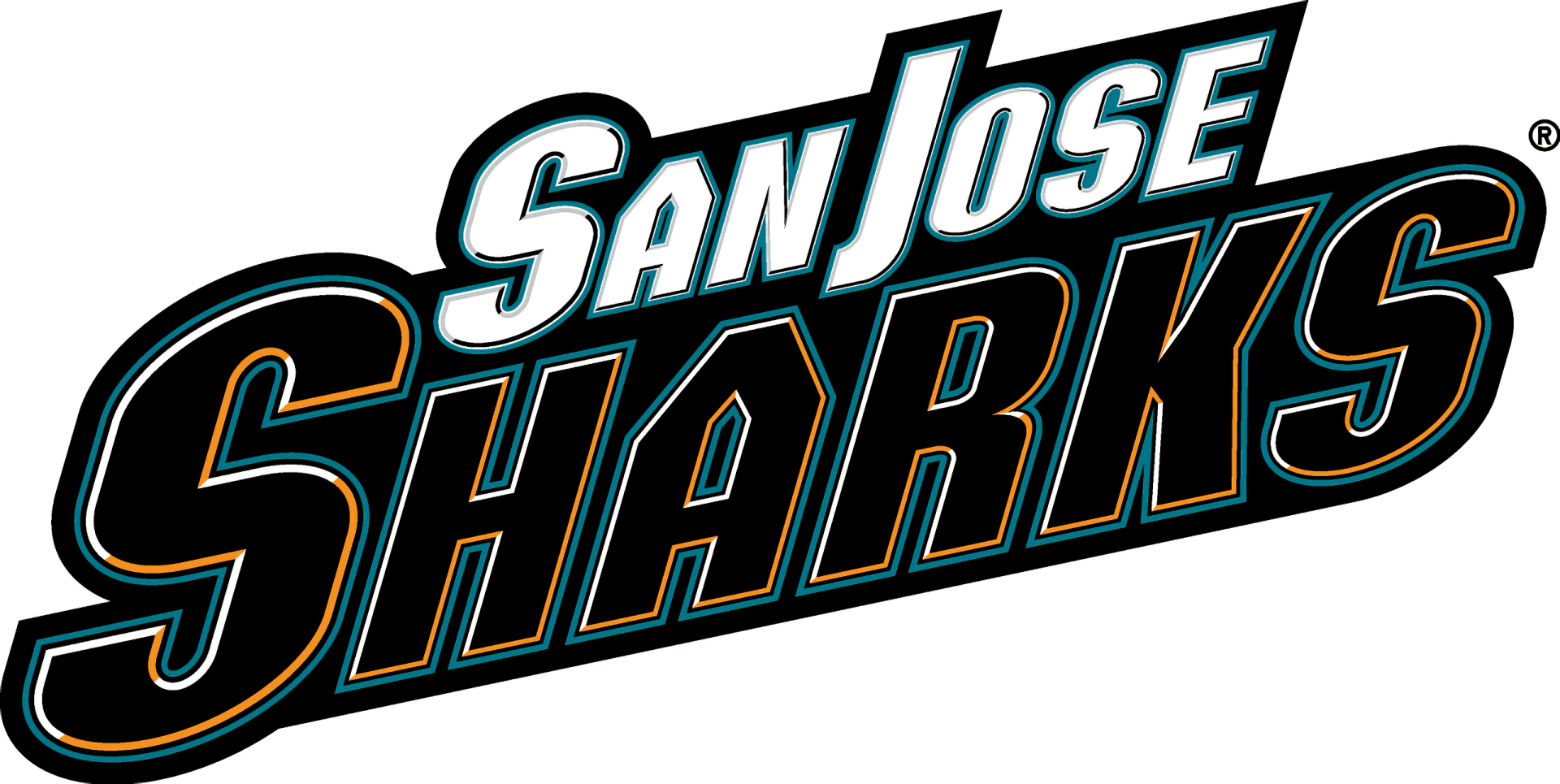 San Jose Sharks logo in bold lettering featured on an HD PC desktop wallpaper background representing the sports team.
