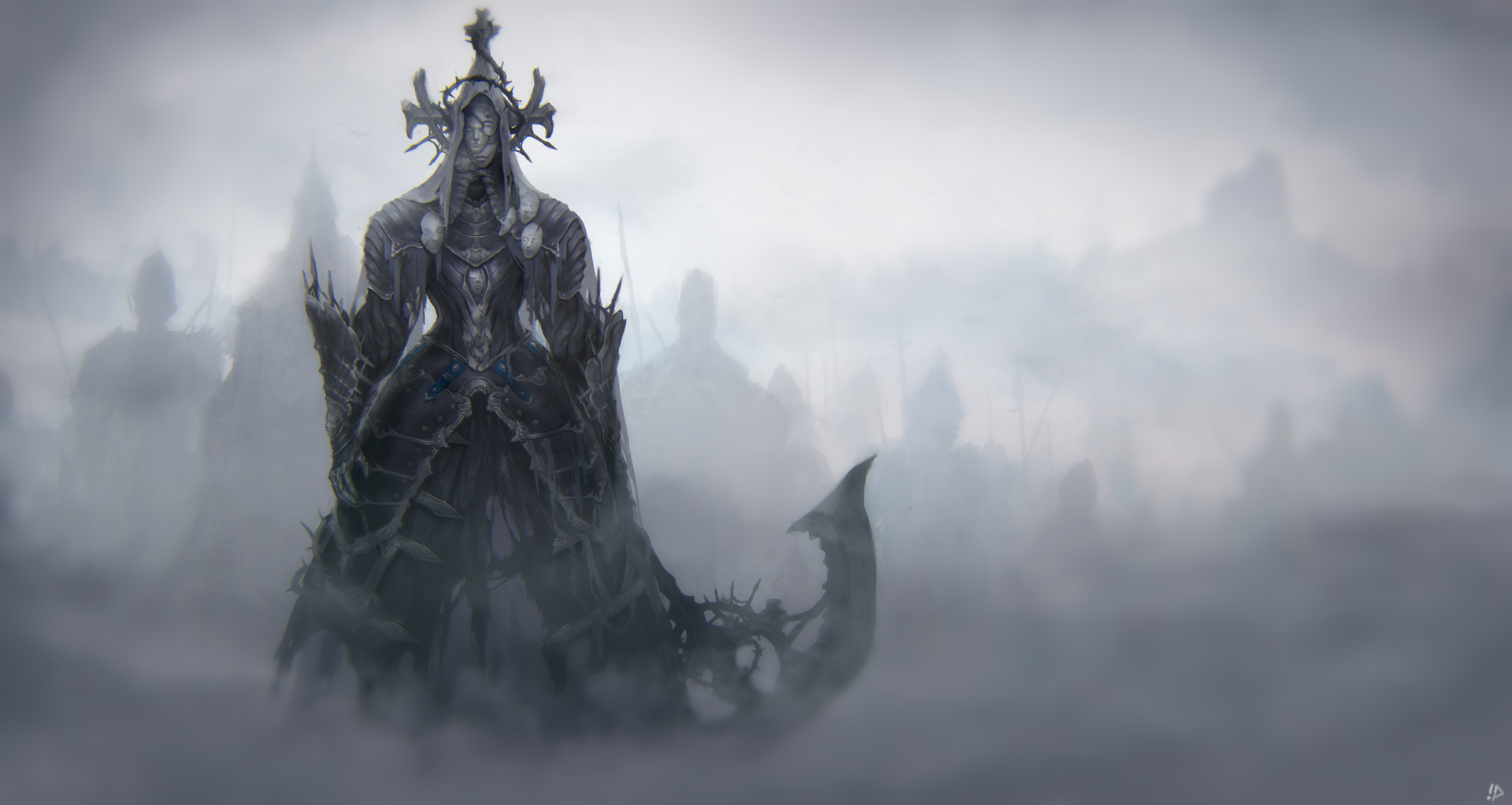 HD PC desktop wallpaper of a ghostly warrior in dark armor and a mask, emerging from thick fog with an eerie, haunting presence.
