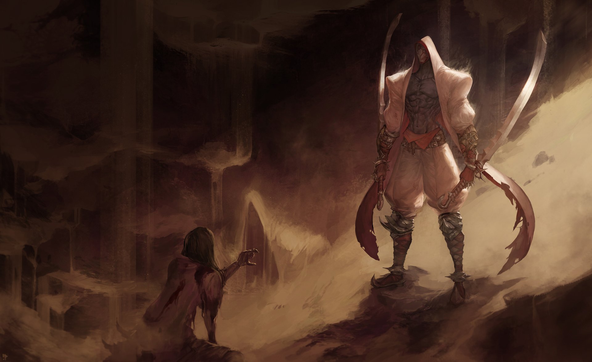 Fantasy warrior wearing a mask stands wielding a large sword in a dark, sandy environment, with another figure approaching in this HD PC desktop wallpaper.