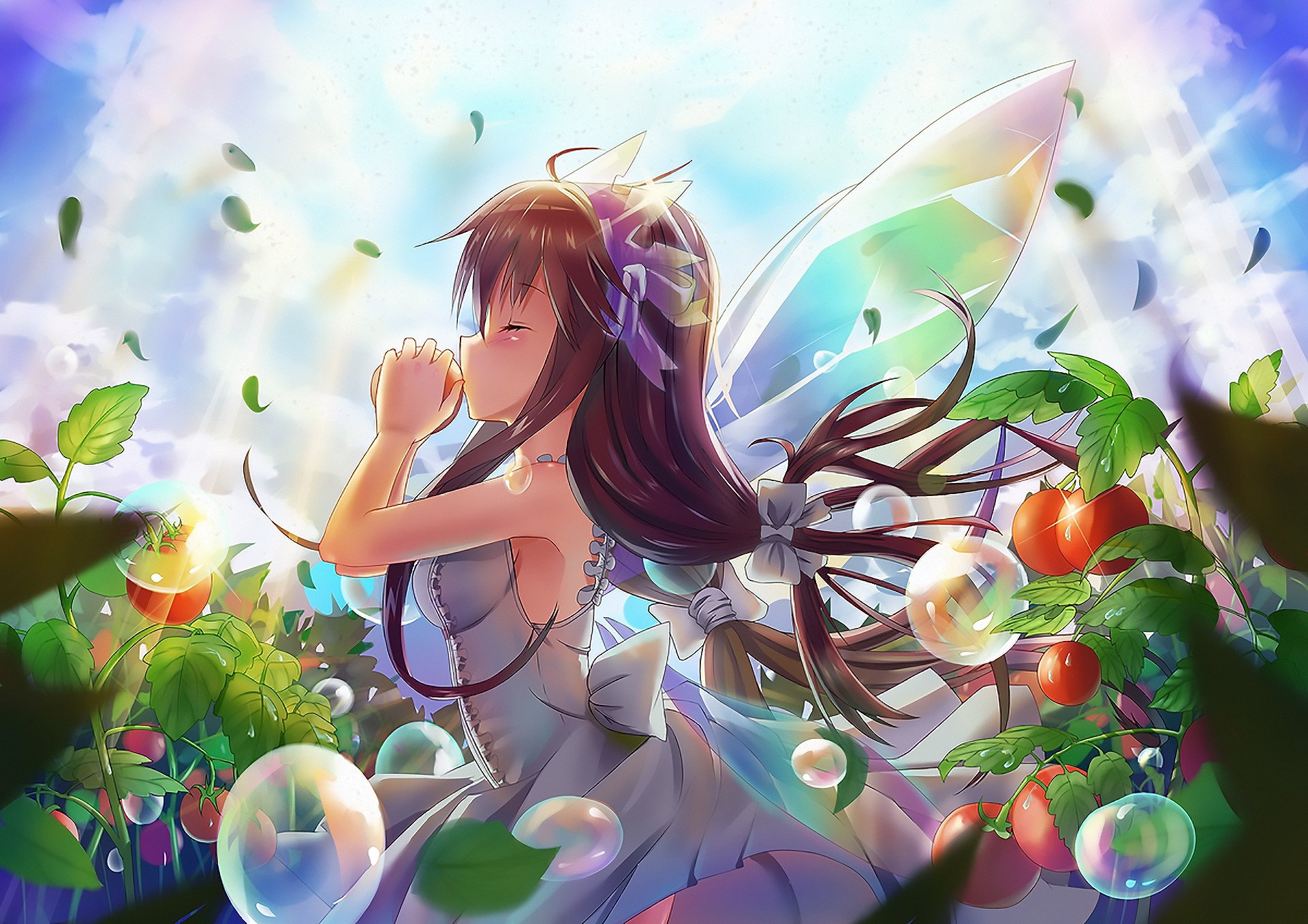 Anime girl fairy with translucent wings and a flowing dress stands amid tomato plants in sunlight, surrounded by bubbles and a rainbow in this vibrant HD desktop wallpaper.