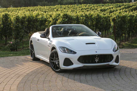 White Maserati GranCabrio supercar grand tourer cabriolet parked on a curved brick driveway with lush greenery in the background, shown in crisp 4K Ultra HD quality.