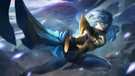 HD desktop wallpaper of Riven, the angelic warrior from League of Legends, showcasing her with white wings, short white hair, and wielding a sword, set in a dynamic battle pose.
