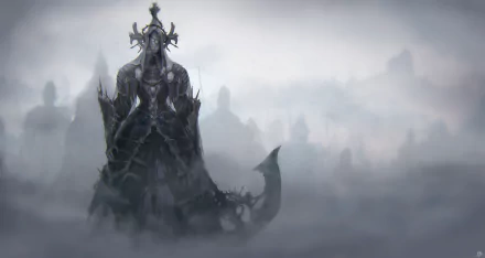 HD PC desktop wallpaper of a ghostly warrior in dark armor and a mask, emerging from thick fog with an eerie, haunting presence.