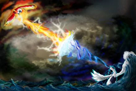 HD PC desktop wallpaper featuring Ho-oh and Lugia from the Pokémon video game, locked in an epic battle with their signature elemental attacks.
