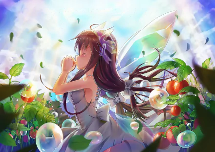 Anime girl fairy with translucent wings and a flowing dress stands amid tomato plants in sunlight, surrounded by bubbles and a rainbow in this vibrant HD desktop wallpaper.