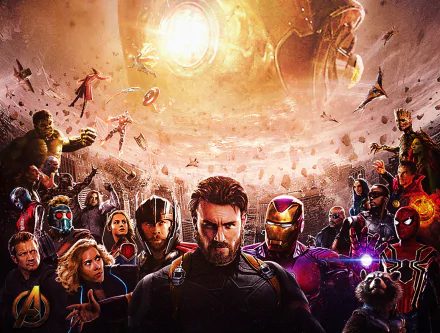 HD desktop wallpaper featuring characters from the movie Avengers: Infinity War, showing a dynamic scene with various Avengers ready for battle.