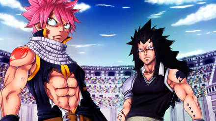 HD desktop wallpaper featuring Natsu Dragneel and Gajeel Redfox from the anime Fairy Tail, set against a vibrant background with a large stadium and clear blue sky.