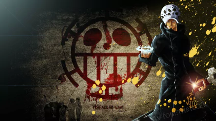 HD desktop wallpaper featuring Trafalgar Law from the anime One Piece against a textured background with his pirate emblem prominently displayed.