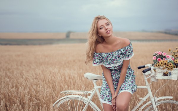 Women Model Blonde Summer Field Depth Of Field Dress Flower Bicycle HD Wallpaper | Background Image