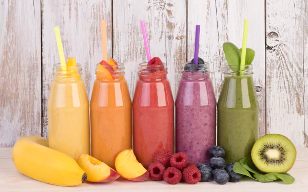 A vibrant 4K Ultra HD wallpaper showing five colorful fruit smoothies in jars with straws, accompanied by nectarine, banana, kiwi, blueberry, and raspberry on a rustic wooden background.