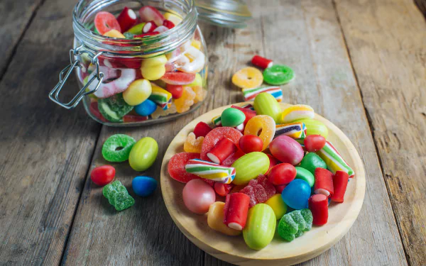 A vibrant assortment of colorful sweets spilling from a glass jar onto a wooden plate, captured in sharp 4K Ultra HD detail for a vivid PC desktop wallpaper.