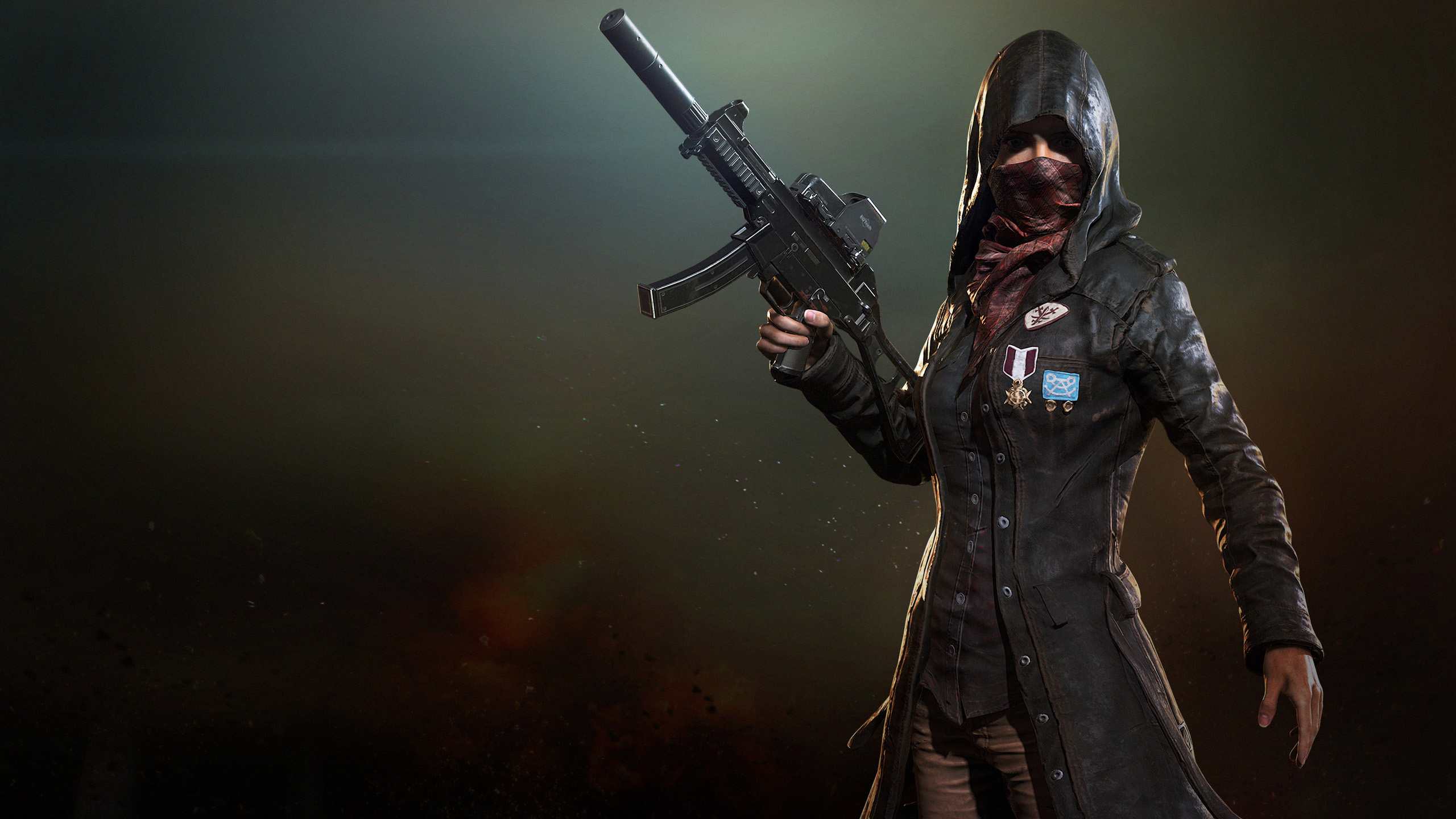 HD desktop wallpaper featuring a character from the video game Playerunknown's Battlegrounds, dressed in a hooded coat and holding a large gun, set against a dark, atmospheric background.