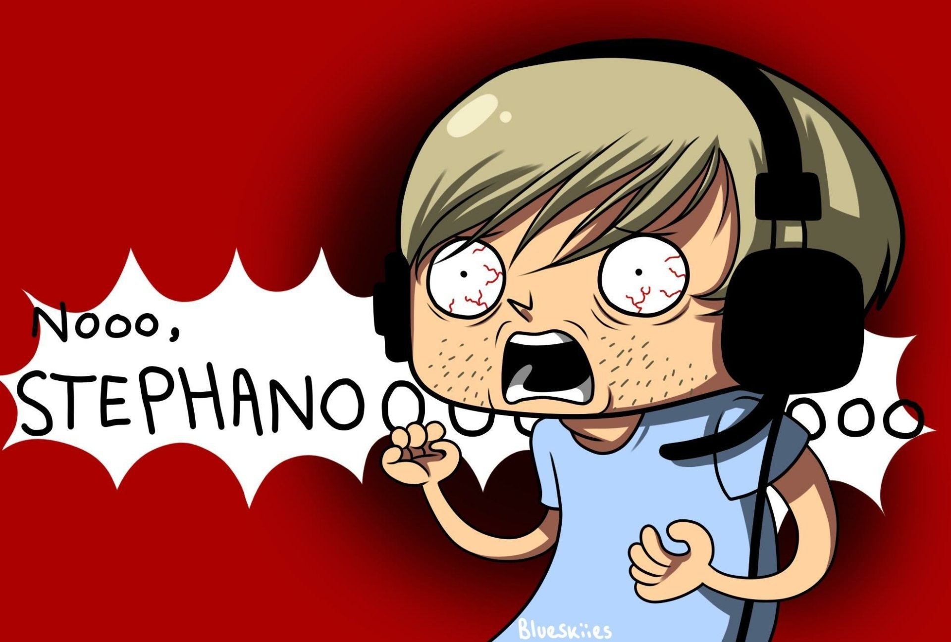 HD desktop wallpaper featuring an animated character with headphones shouting Nooo, STEPHANO on a red background.