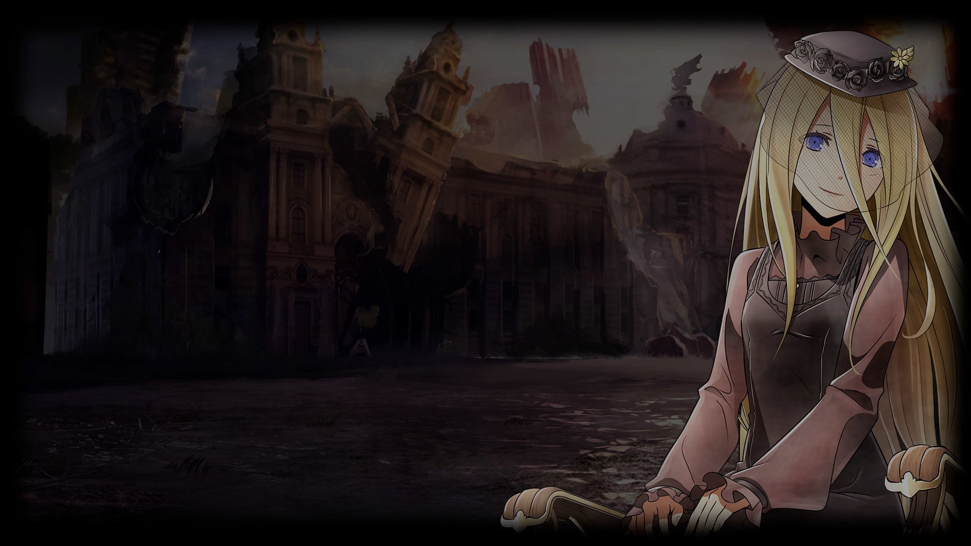 HD PC desktop wallpaper featuring Dr. Rachel Claudius from the video game God Eater 2 Rage Burst, set against a dark, ruined cityscape background.