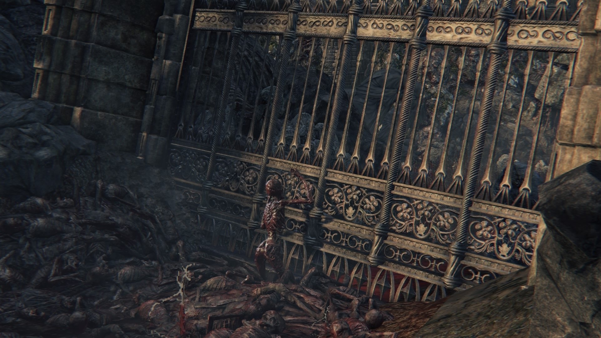 HD PC desktop wallpaper and background from the horror video game Bloodborne: a lone hunter stands before ornate iron gates amid corpses and twisted gothic architecture.