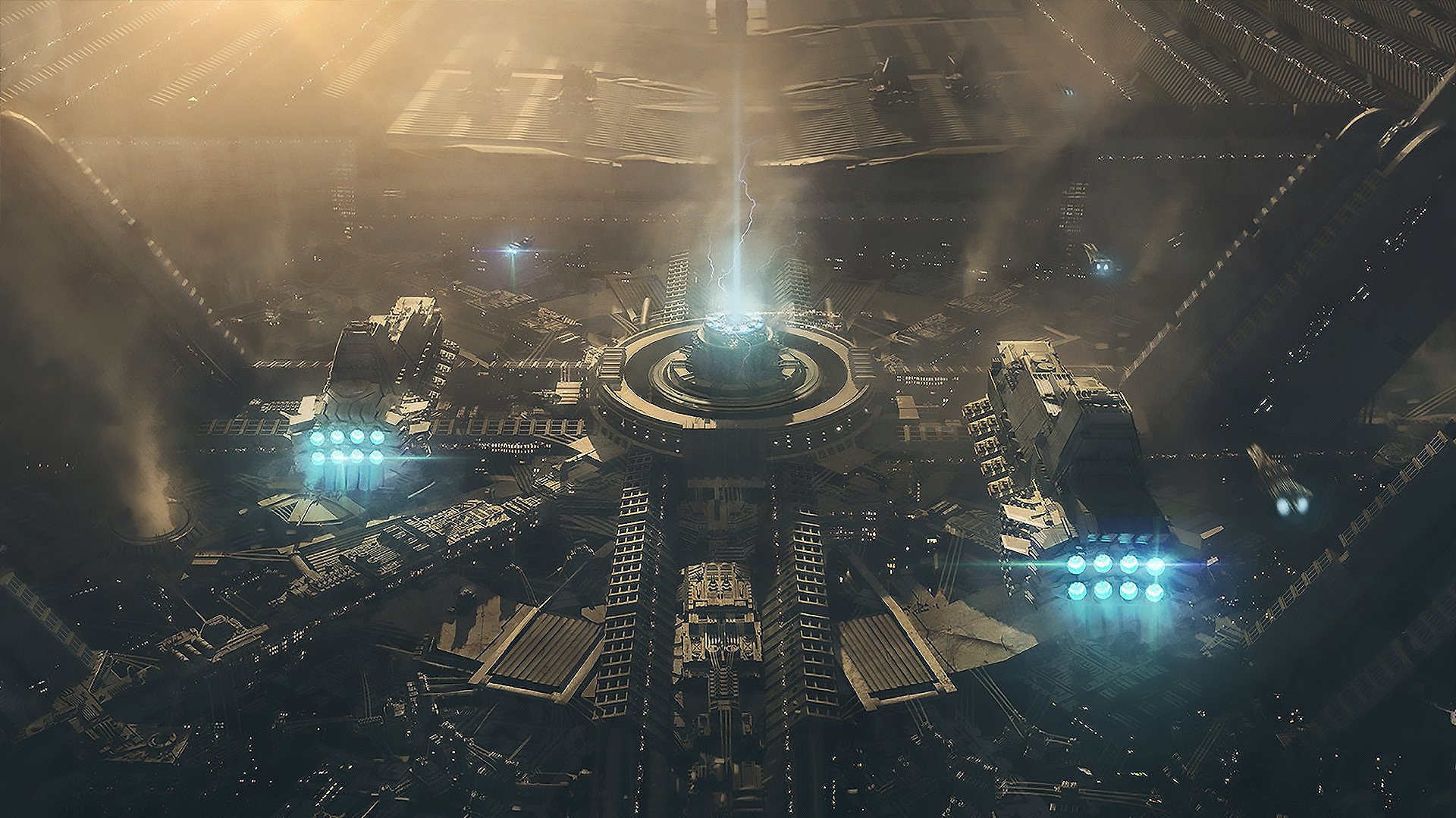 A futuristic sci-fi cityscape featuring a central building emitting a bright beam, surrounded by aircraft and illuminated structures in a high-definition PC desktop wallpaper.