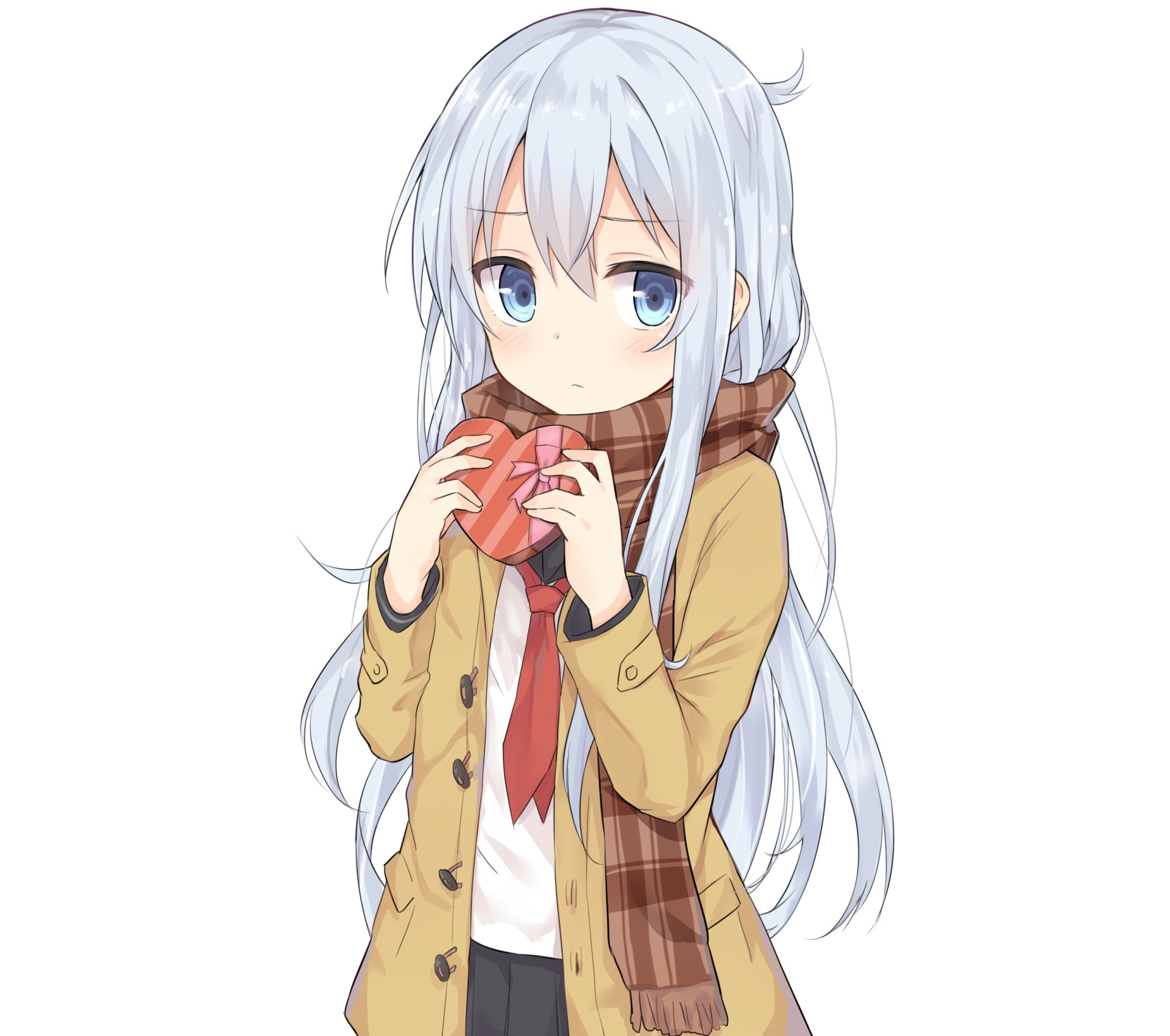 Hibiki (Kancolle) from Kantai Collection — anime girl with long silver hair and blue eyes holding a heart-shaped box on white, 2K Quad HD PC desktop wallpaper/background.