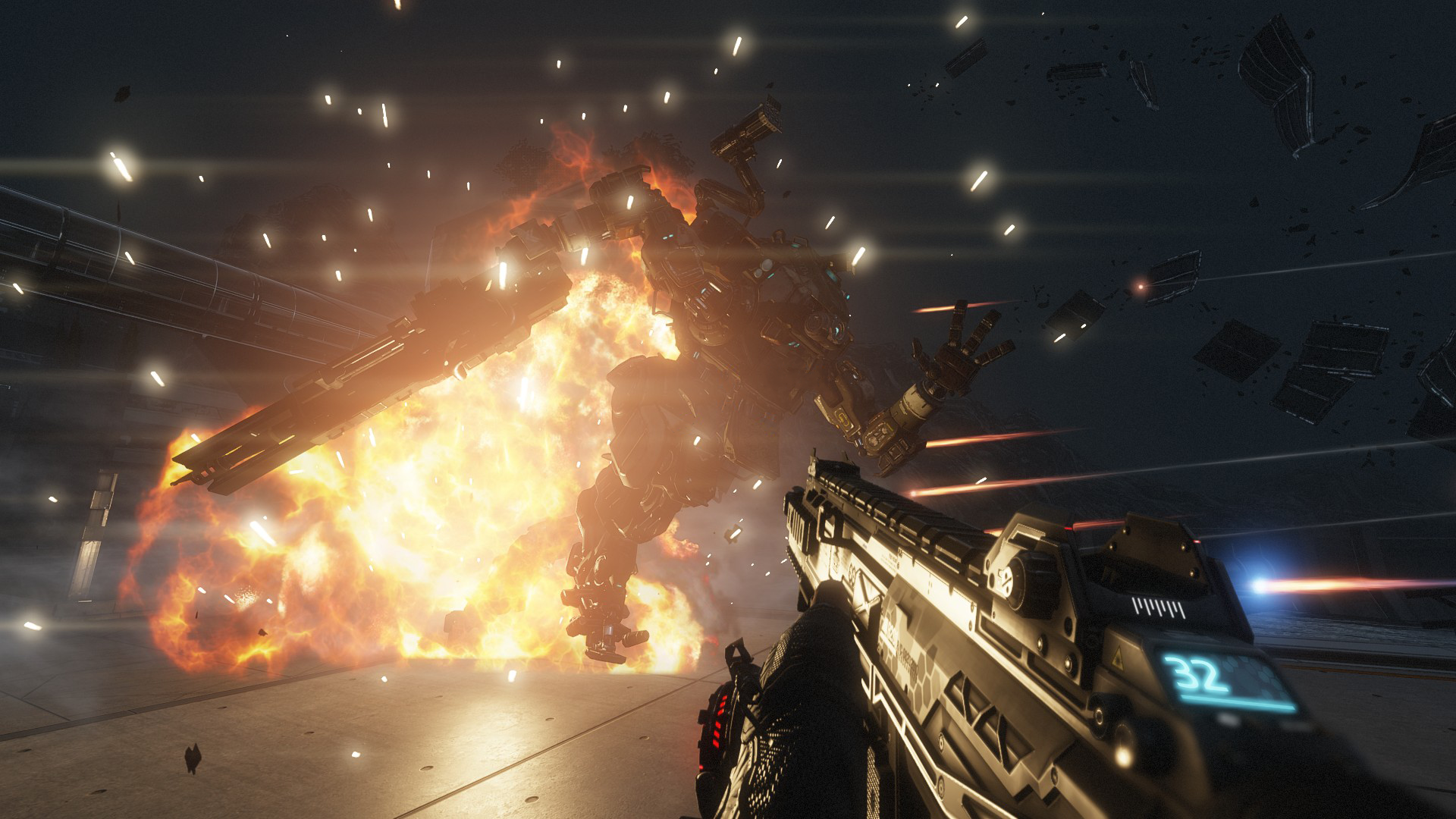 Titanfall video game HD PC desktop wallpaper: first-person view of a soldier's rifle firing at an exploding Titan mech amid flying debris, tracer fire, and sparks.