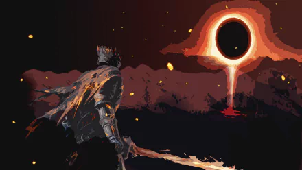 HD PC desktop wallpaper featuring a Dark Souls III scene with a warrior facing a fiery, eclipsed sun over a dark, fiery landscape.