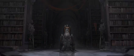 HD Anime desktop wallpaper from Pixiv Fantasia RD featuring a dark, mystical throne scene in a grand library setting.