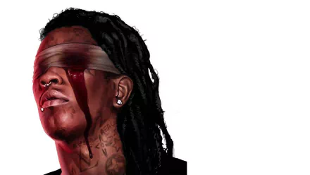 HD desktop wallpaper with an artistic rendition of a person with tattoos and blindfolded eyes, tagged as Young Thug.