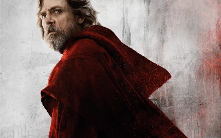 4K Ultra HD wallpaper of Mark Hamill as Luke Skywalker from Star Wars: The Last Jedi, featuring a dramatic, textured background with red and gray tones.