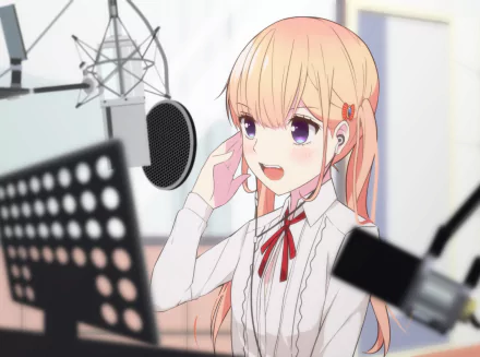 HD PC desktop wallpaper featuring Lilina Sanada from the anime Love and Lies, depicted singing into a microphone in a recording studio setting.