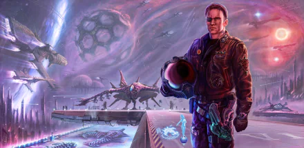 HD PC desktop wallpaper featuring a sci-fi pilot standing near a futuristic spaceship with alien creatures and a cosmic backdrop.